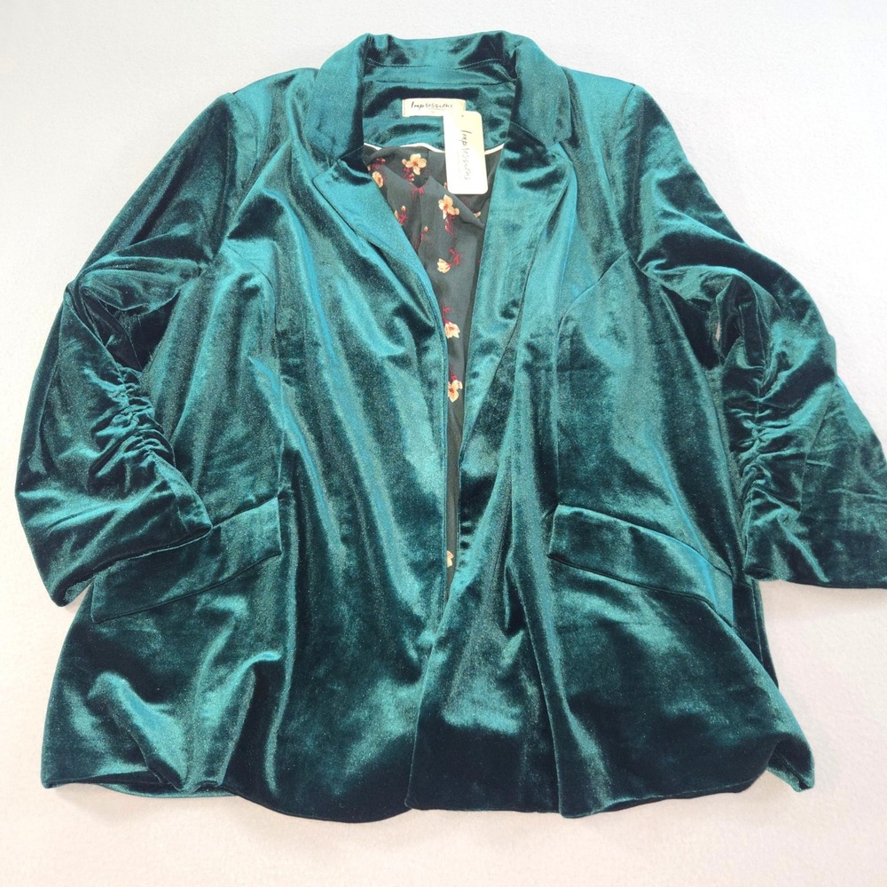 Impressions Velvet Blazer Womens 1X Green Ruched Sleeve Open Front Floral Lined